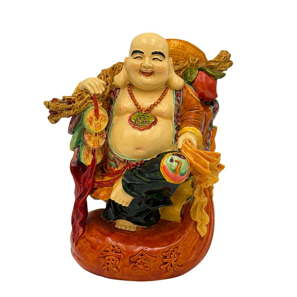 Vtg Chinese Shiwan Style Ceramic Laughing Buddha Figurine Hand Painted 5" Statue